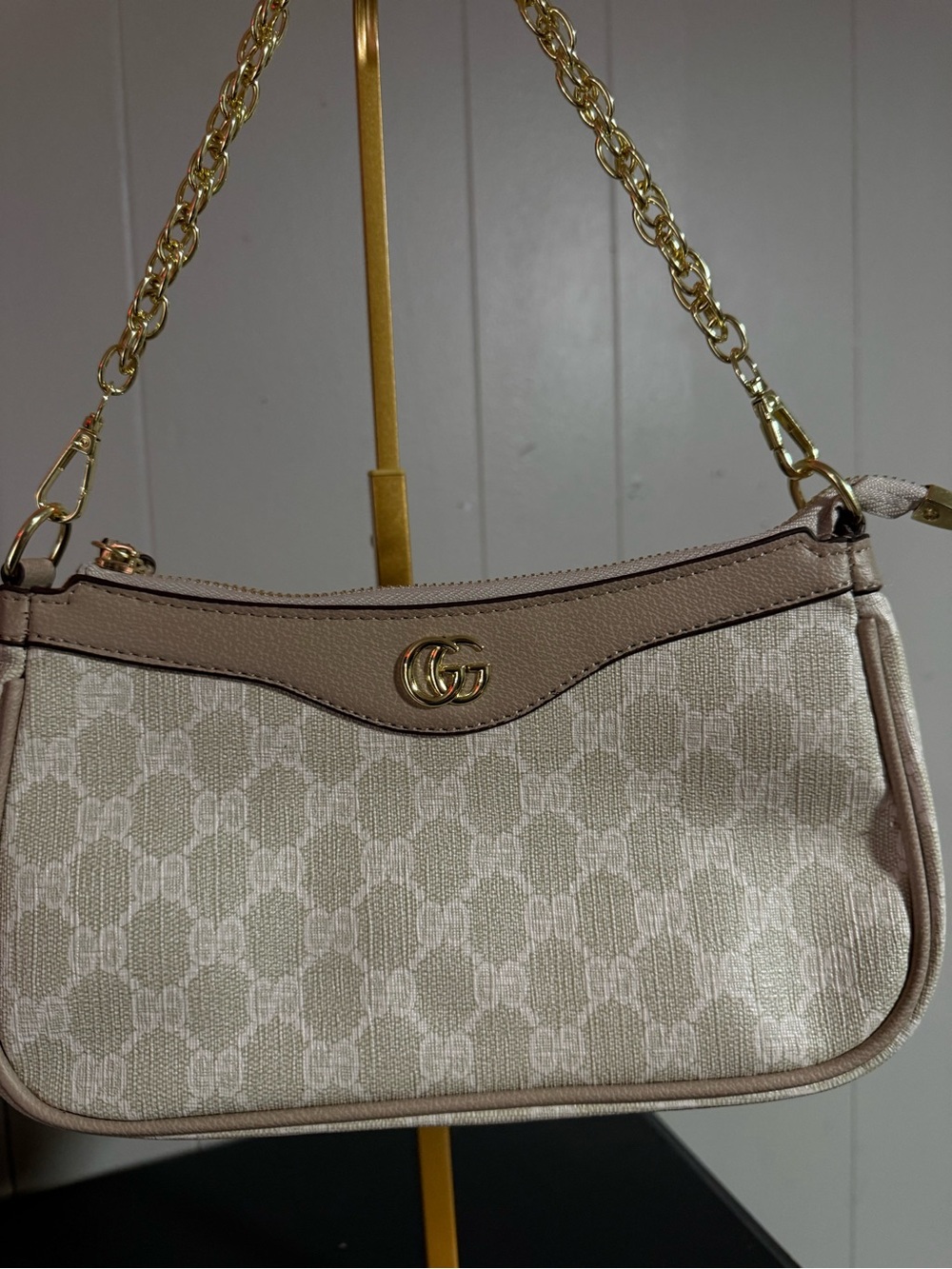 Gucci Beige and Pink Monogram Mini Shoulder Bag with Gold Chain
